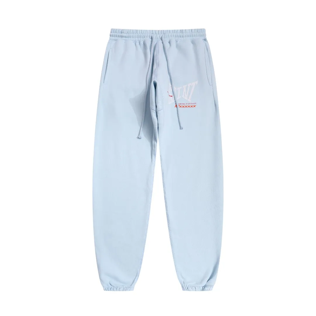 Stylish Saint Michael "SMOKERS FANTASY" letter print washed distressed lace-up loose-fitting velvet sweatpants Style number: SM639 Size: S-M-L-XL Color: black-light blue Price: P236
